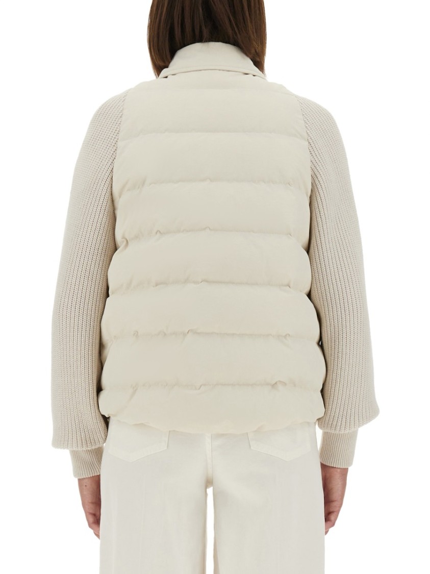 Brunello Cucinelli Two-material Down Jacket With Shiny Flap Detail In White