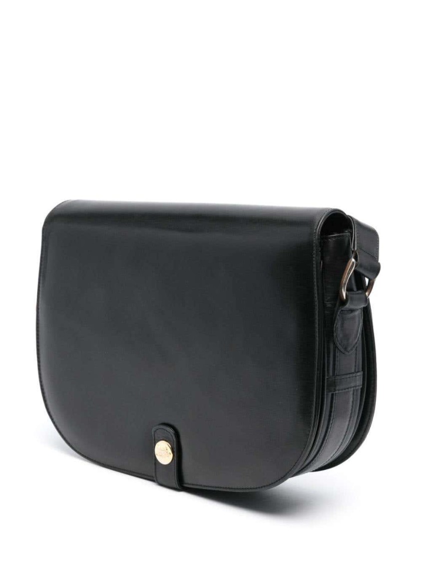 CELINE CELINE BLACK LEATHER CARRIAGE LOGO FLAP SHOULDER BAG