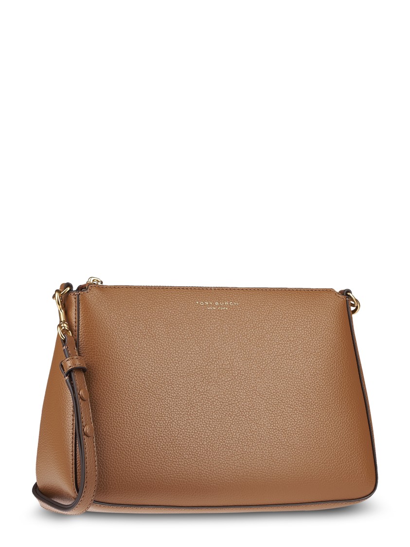 Tory Burch Textured Leather Shoulder Bag With Gold-tone Chain And Zip Closure In Brown