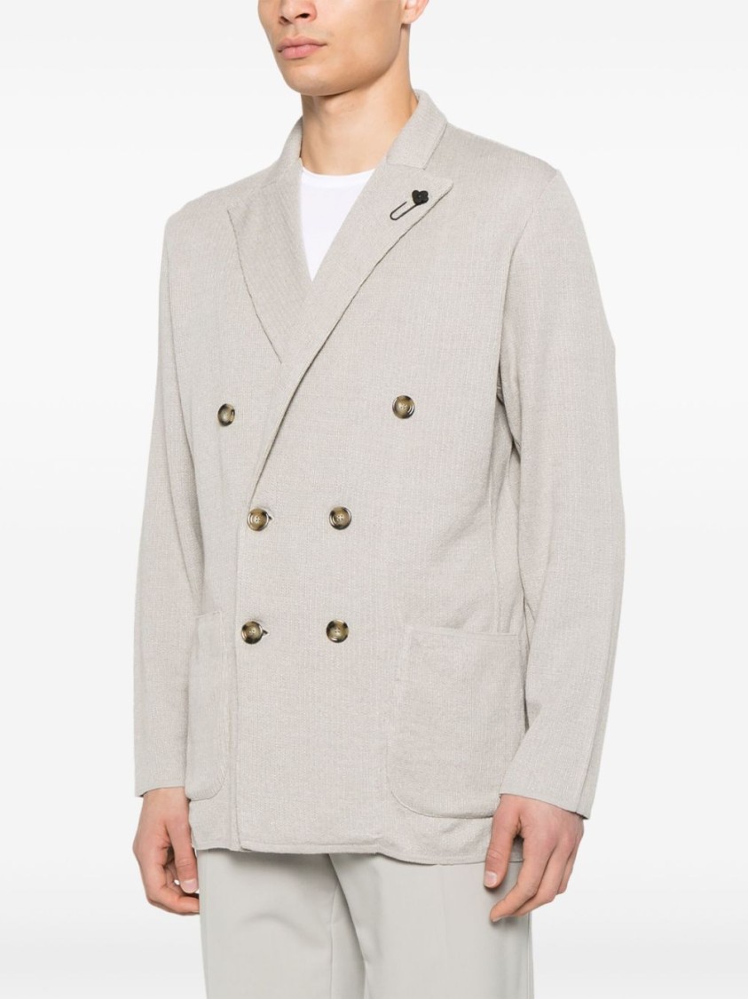 Lardini Double-breasted Linen Jacket With Brooch Detail And English Vents In Neutral