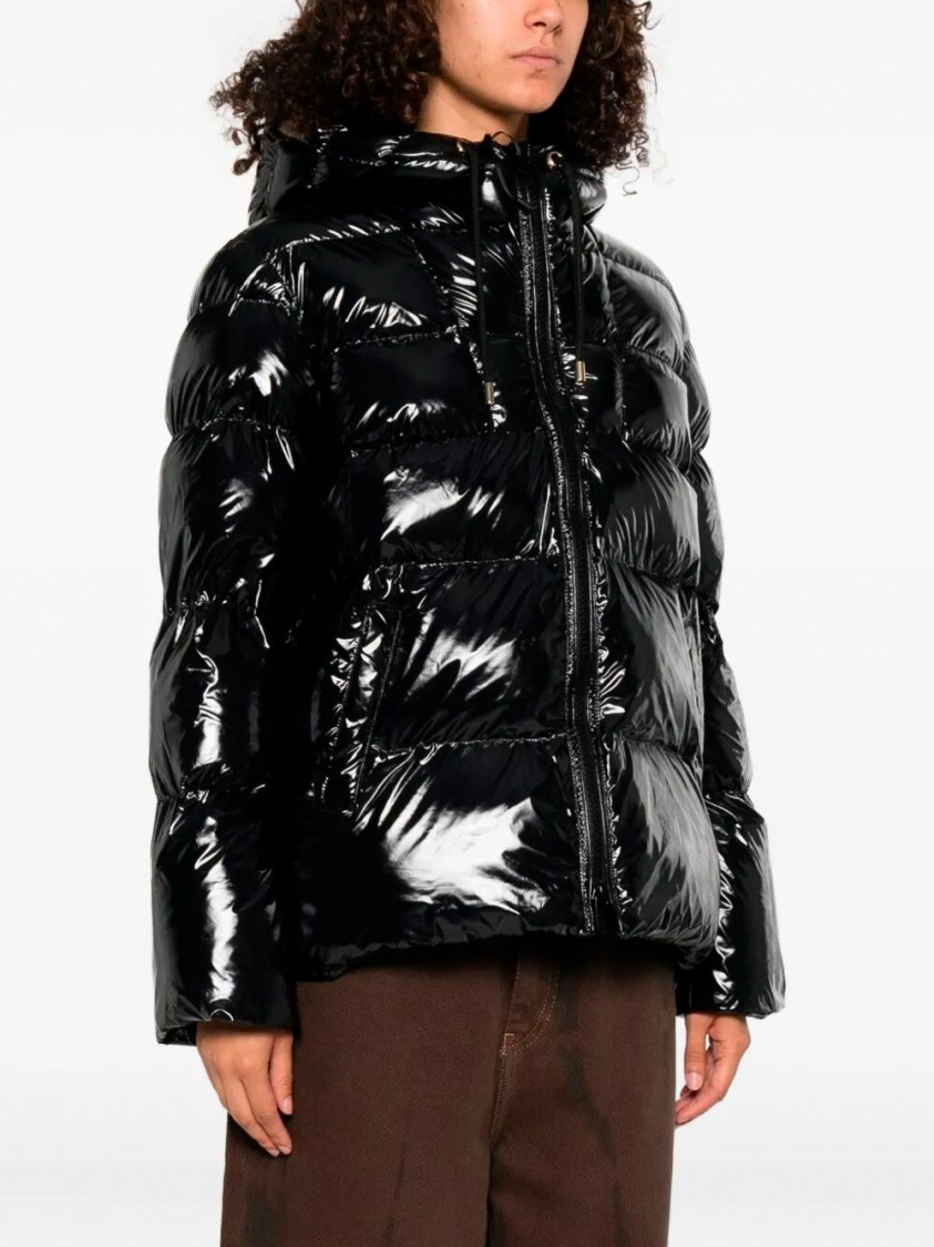 Pinko Oversized Black Puffy Coat With Glossy Finish And Hood In Black