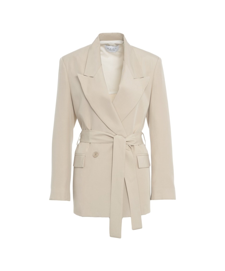 Kaos Double-breasted Blazer With Tailored Waist Belt In Neutrals