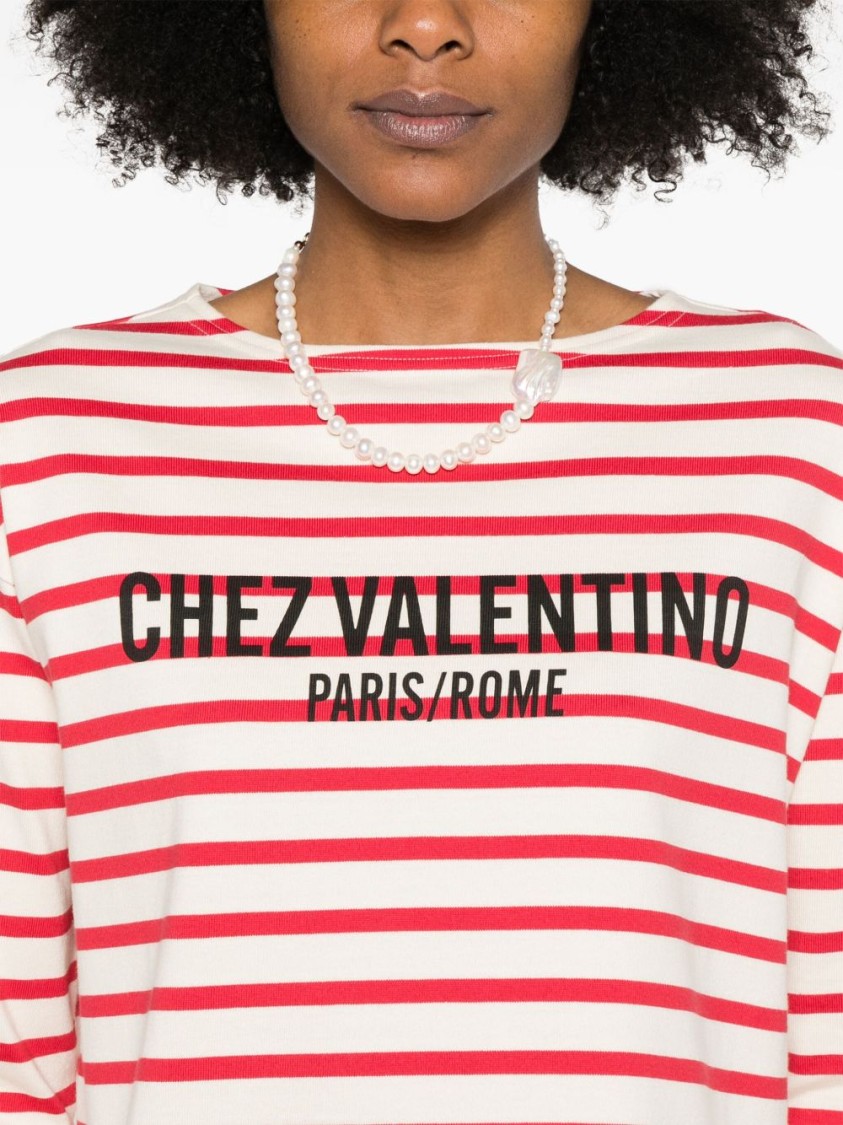 Valentino Womens Avorio Rosso Striped Brand-print Cotton-jersey T-shirt