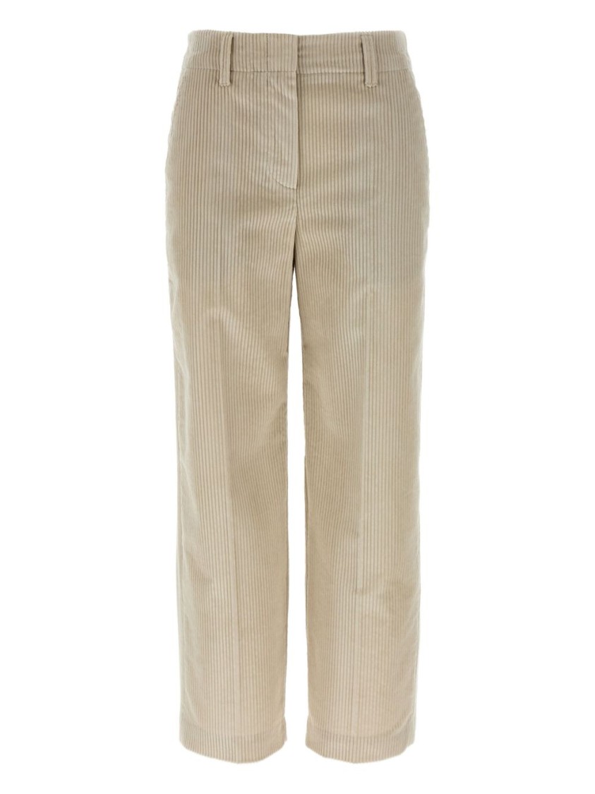 Brunello Cucinelli Beige Corduroy Trousers With Front Zip And Hook Button Closure In Neutral