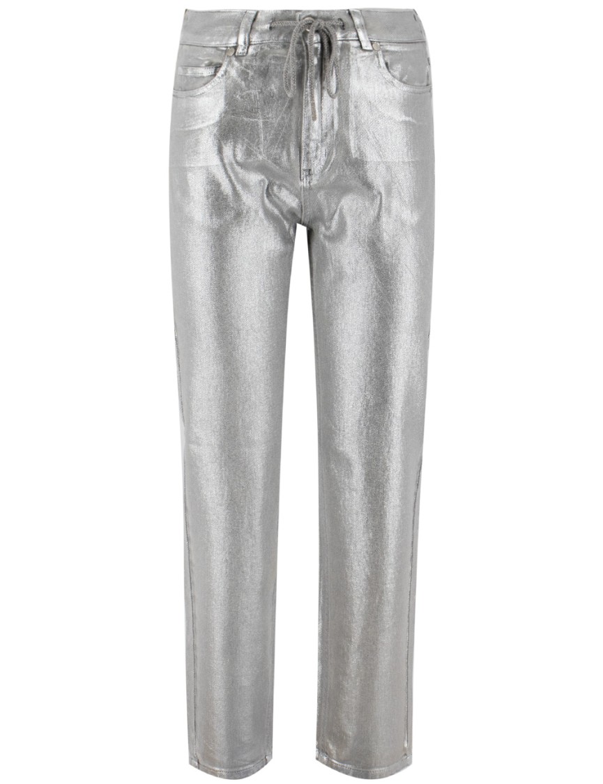 Panicale Laminated Cotton Jeans With Drawstring Waist In Silver