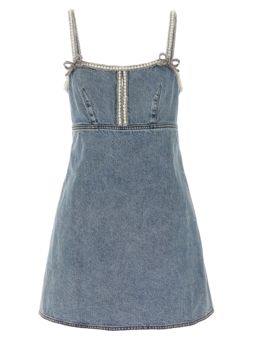Self-portrait Denim Mini Dress With Pearls In Blue