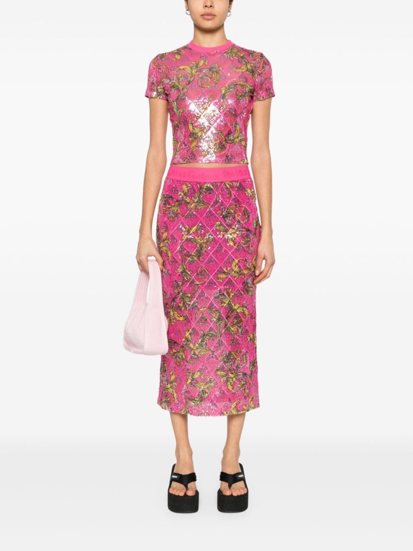 Versace Jeans Couture Fitted Floral Pattern Skirt With Sequined Detailing In Pink
