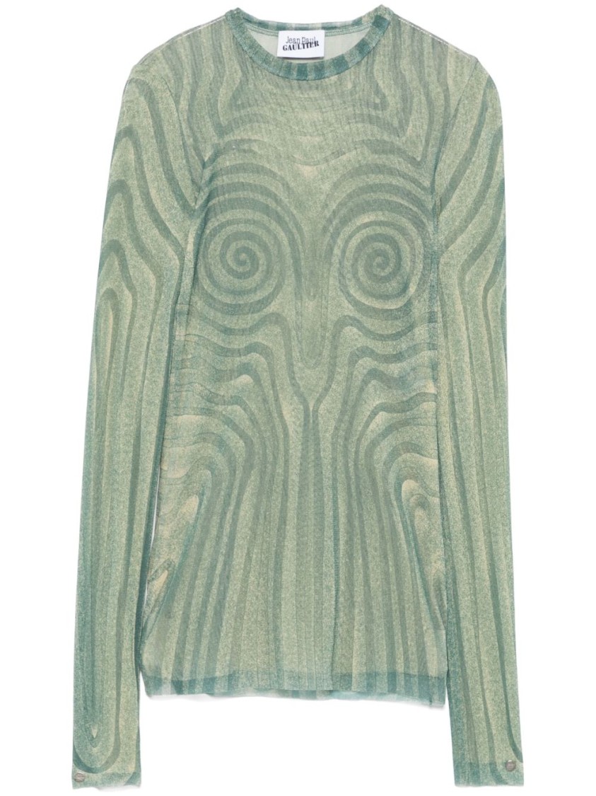 Shop Jean Paul Gaultier Green Mesh Top With Spiral Print Design