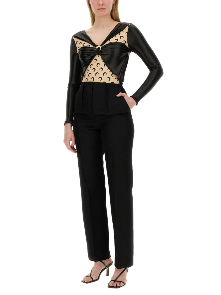 Marine Serre Draped Viscose Bodysuit With Crescent Moon Print Design For Women In Black
