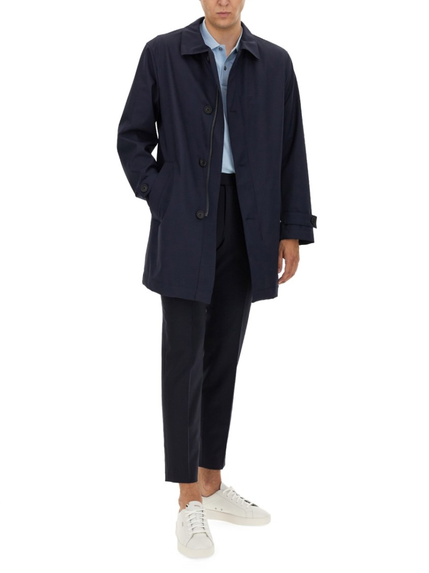 Hugo Boss Boss Classic Button-up Black Trench Coat With Extended Back Hem In Blue