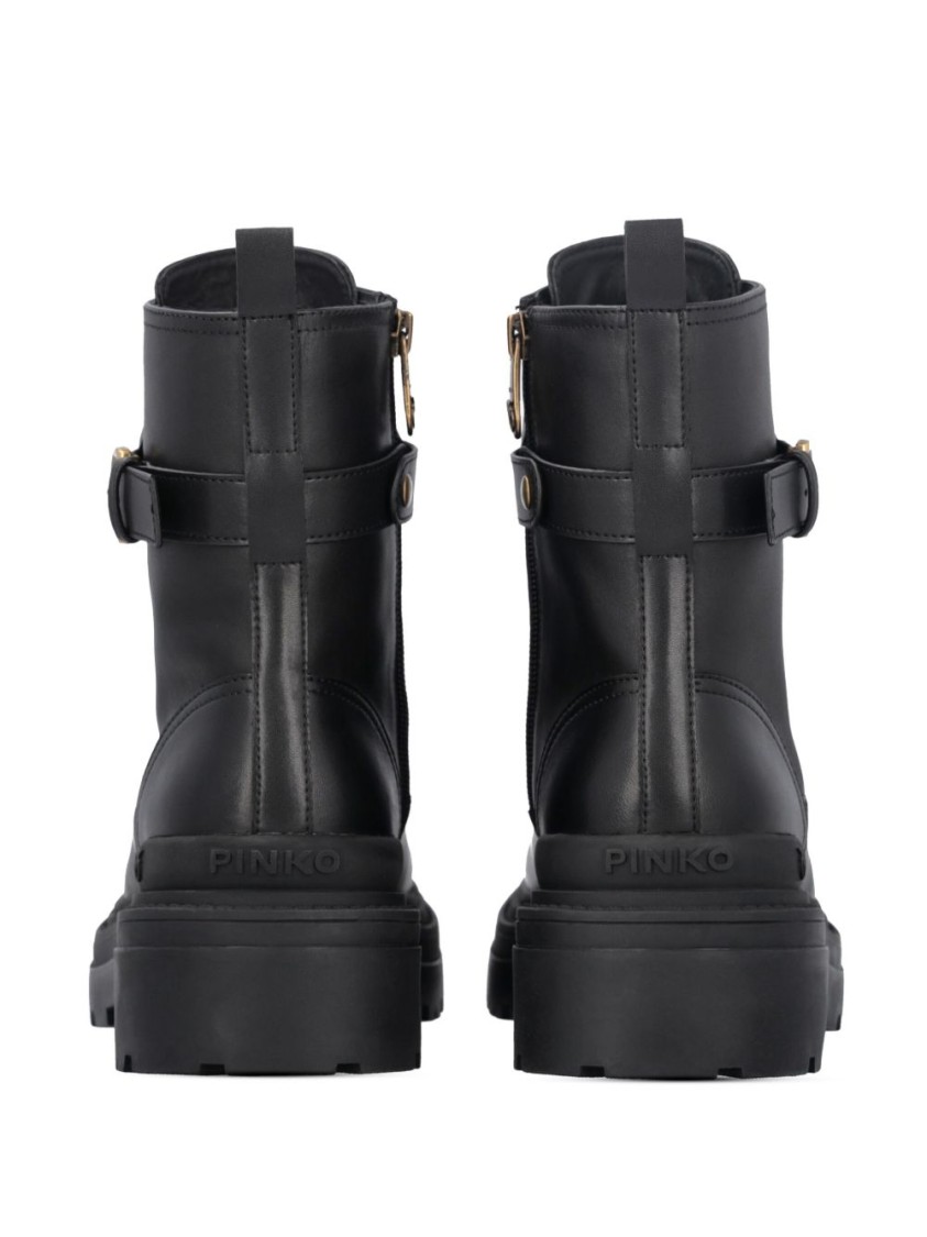 Pinko Chunky Platform Black Leather Boots With Decorative Buckle In Black