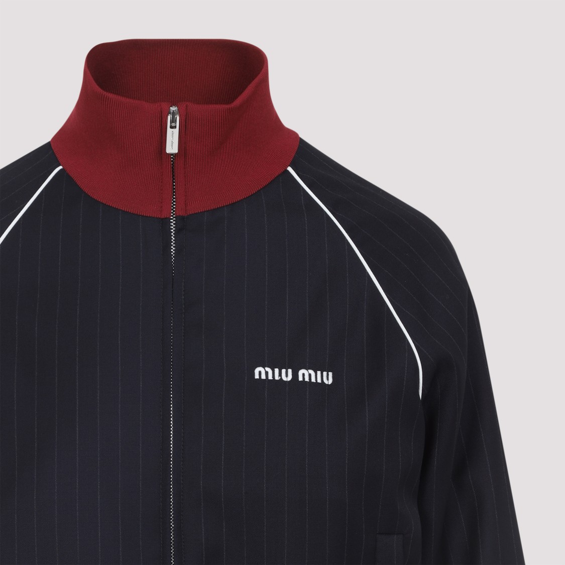 Miu Miu Pinstripe Wool Jacket With Stand-up Collar In Black