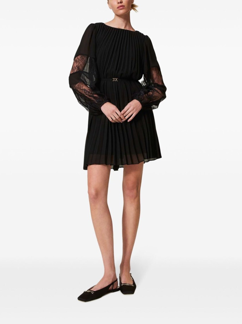 Twinset Twin-set Pleated Dress With Sheer Lace Sleeves