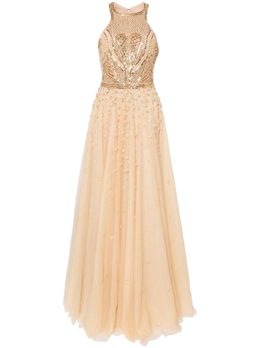 Saiid Kobeisy Tulle Beaded Dress With Halter Neckline In Neutral