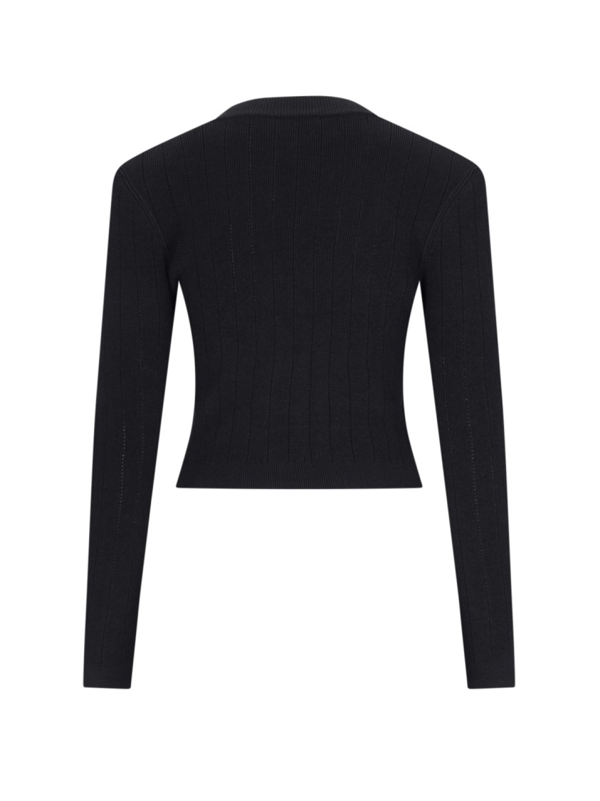 Balmain Black Ribbed Cardigan With Shoulder Pads And Logoed Metal Buttons