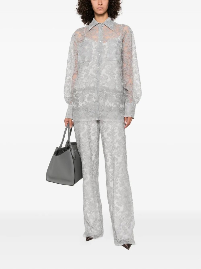 Ermanno Scervino Wide-leg Pants With Delicate Lace Overlaywaistband In Gray