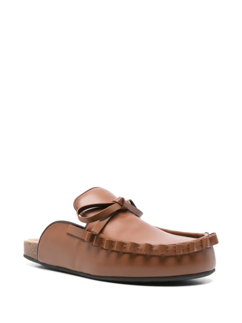 Jw Anderson Leather Slippers With Ruffle Trim And Bow In Brown