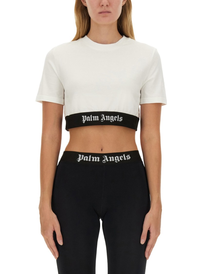 Palm Angels White Cropped T-shirt With Jacquard Logo In Cotton Woman In White