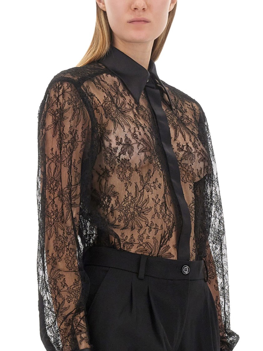 Dolce & Gabbana Chantilly Lace Satin Trim Button Down Shirt In Black