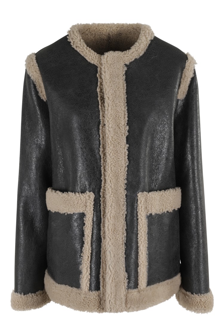 Mm6 Maison Margiela Mm6 By Maison Margiela Textured Black Shearling Jacket With Plush Trim In Black