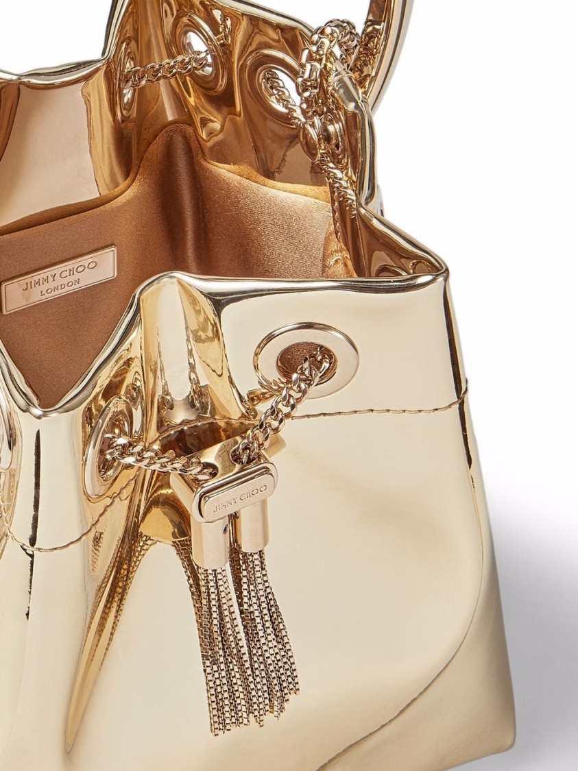Jimmy Choo Shiny Mirror-effect Bon Bon Bag With Chain Drawstring And Metal Handle In Gold