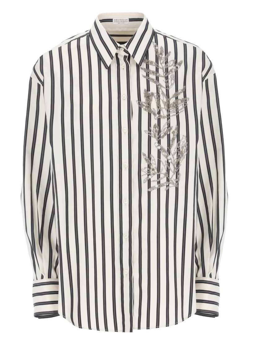 Brunello Cucinelli White Shirt With Floral Embroidery On The Front And All-over Striped Motif