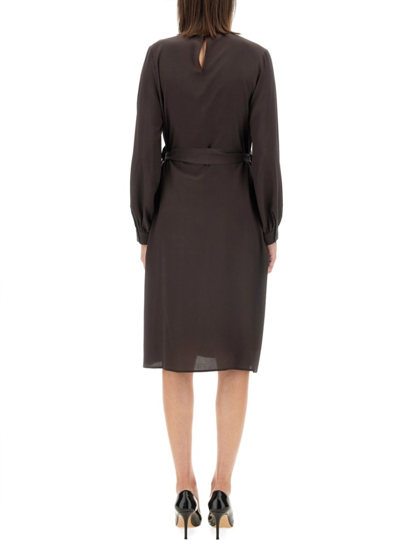 Kiton Silk Dress With Buttoned Cuffs And Waist Tie In Brown
