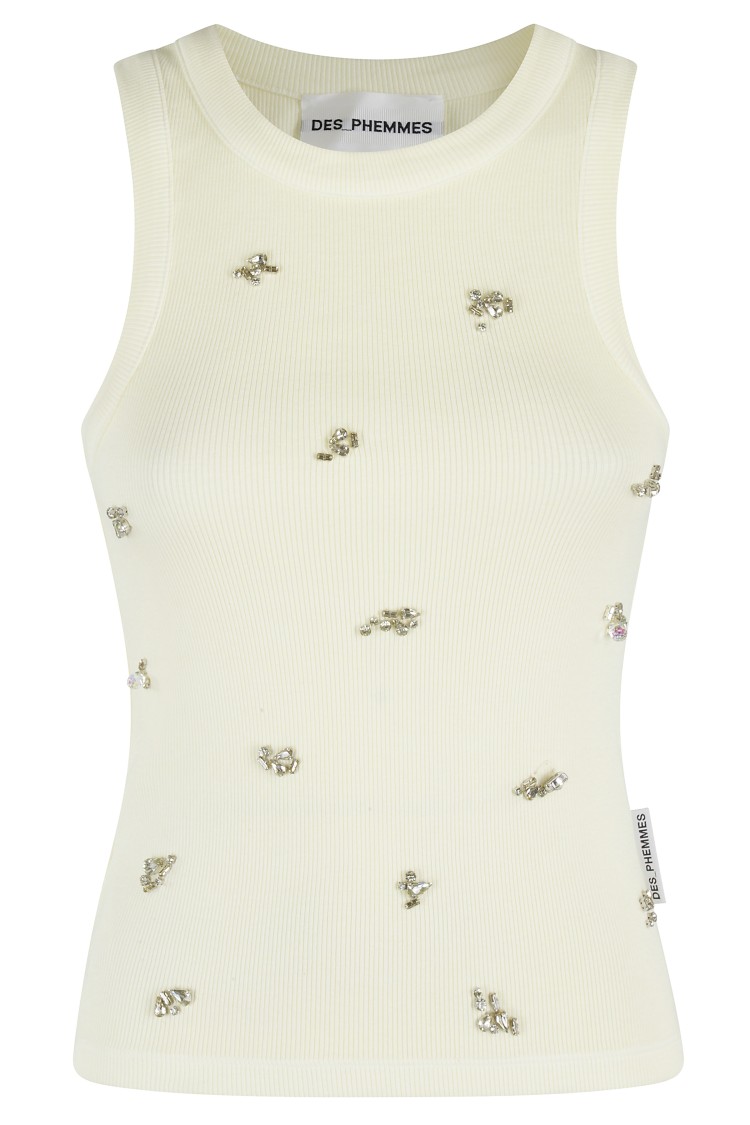 Des Phemmes Fitted Ribbed Tank Top With Rhinestone Embellishments In White