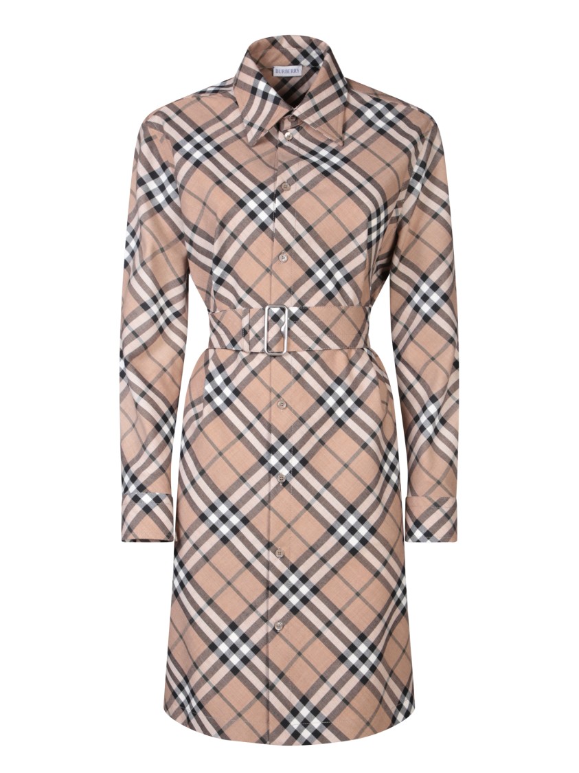 Shop Burberry Dress With Classic Collar And Coordinated Belt In Neutrals