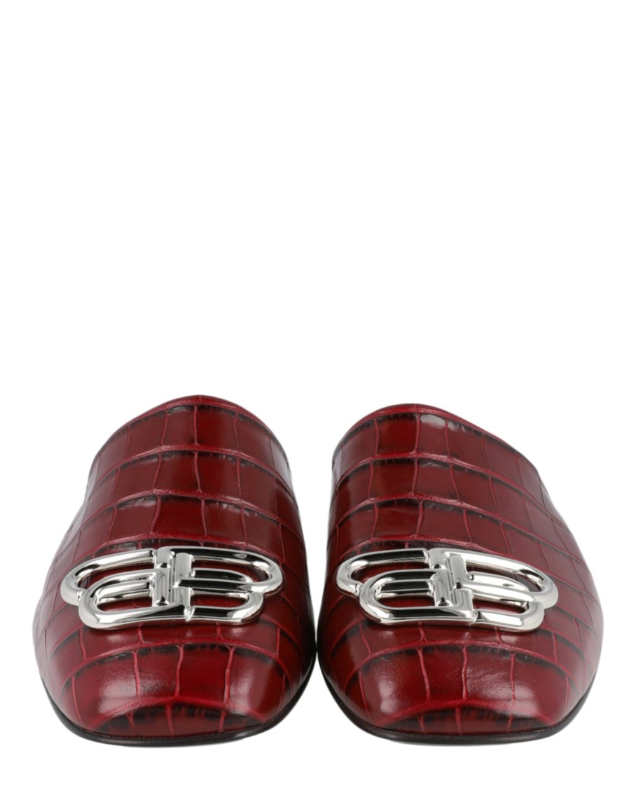 Balenciaga Croc Embossed Leather Cosy Bb Mule In Burgundy