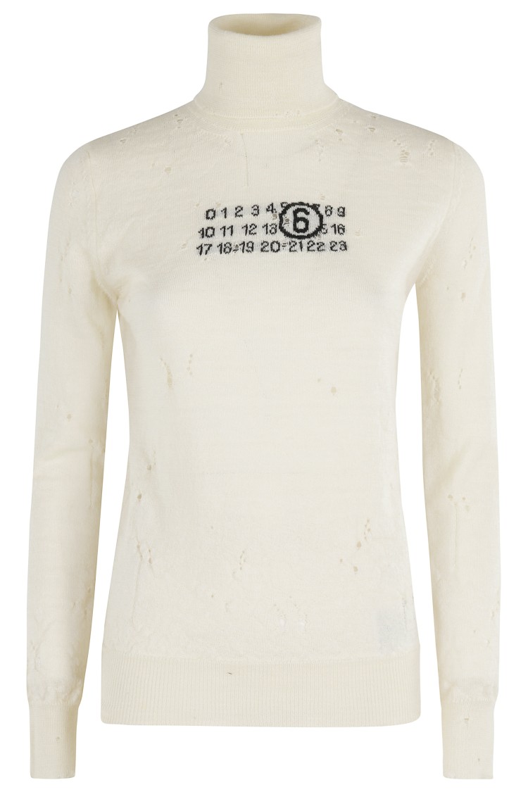 Mm6 Maison Margiela Mm6 By Maison Margiela High-neck Cream Wool Pullover With Numeric Logo In White