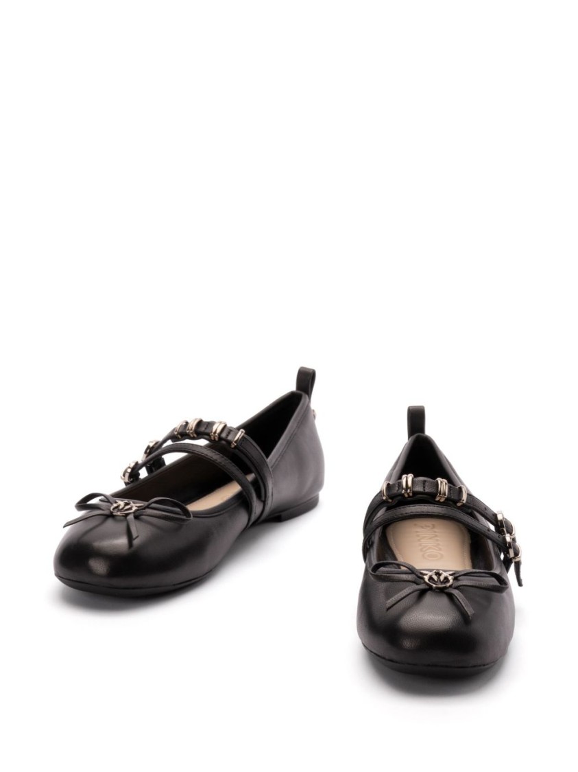 Pinko Nappa Leather Ballet Flats With Straps And Bow In Black