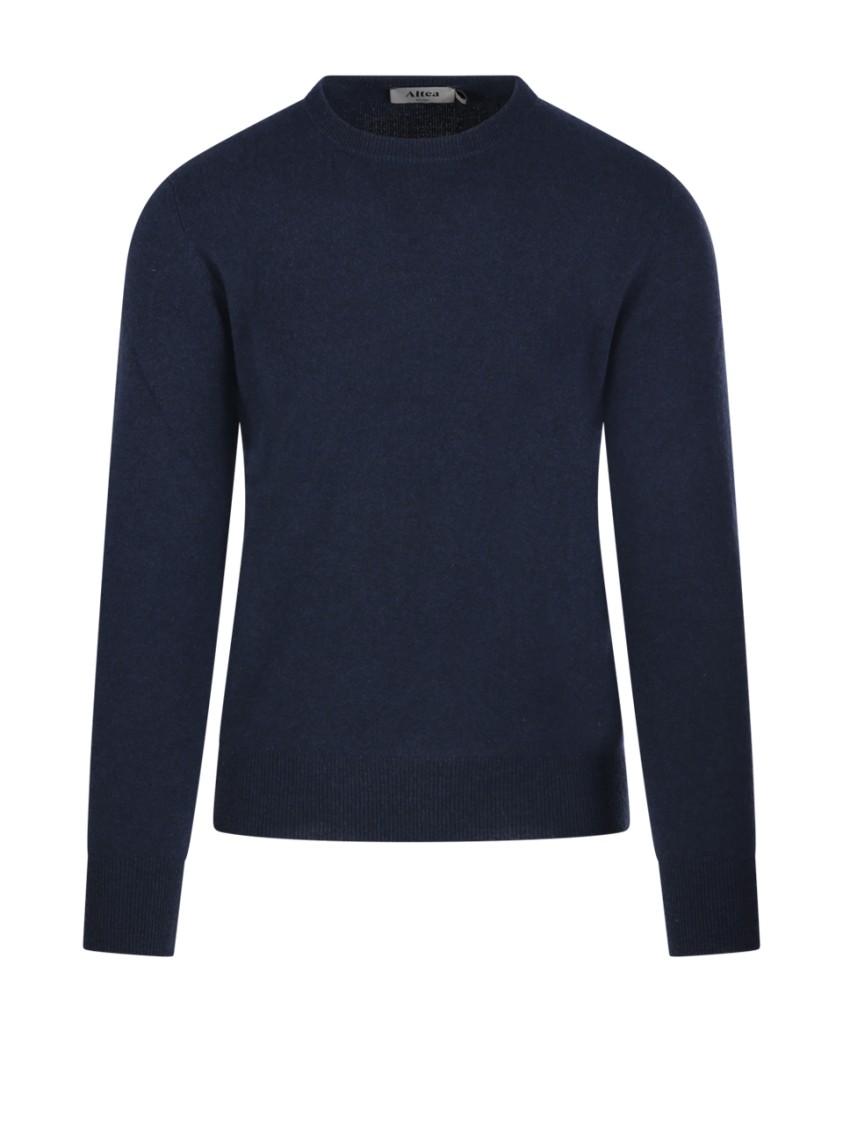 Altea Round Neck Cashmere Sweater With Ribbed Hem In Blue