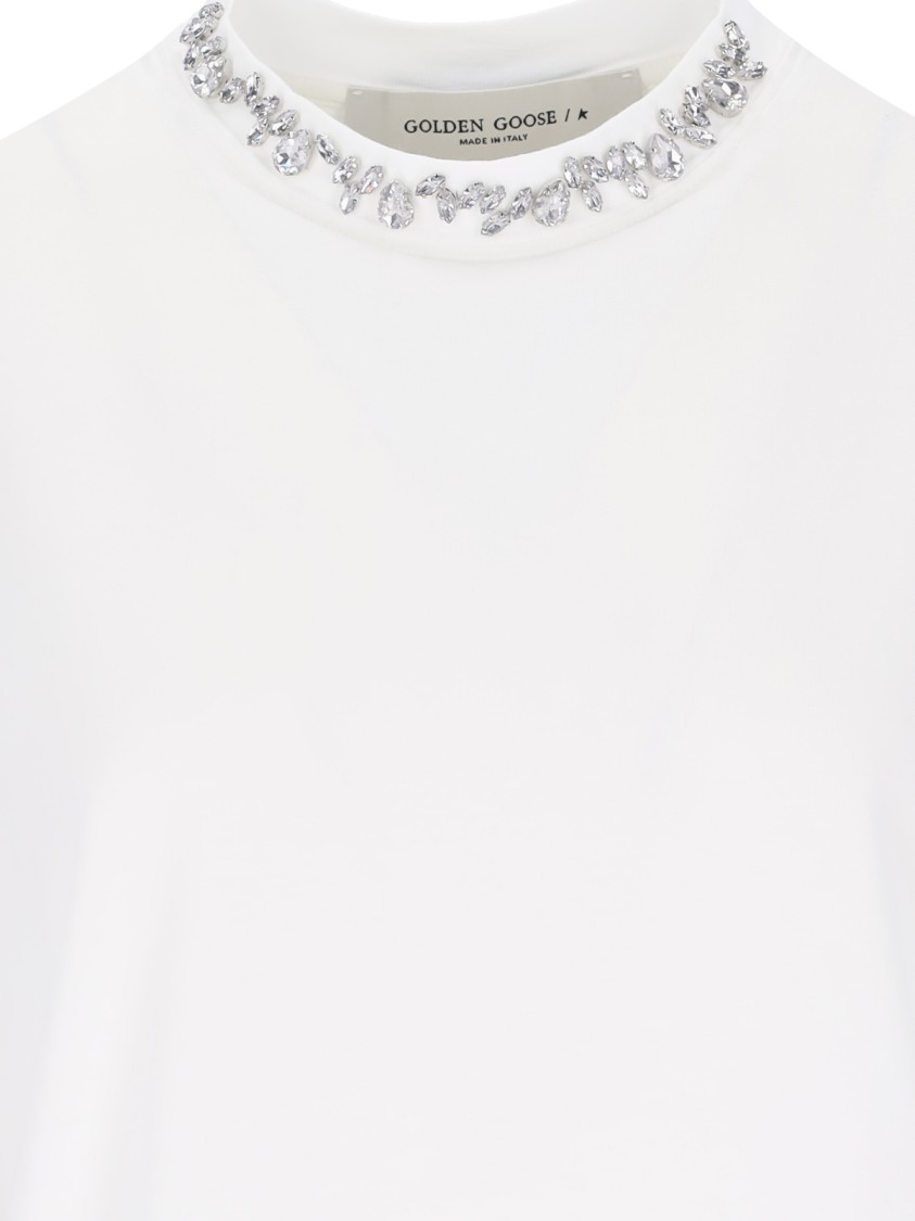 Golden Goose White Crewneck T-shirt With Rhinestone Embellishments On The Collar And Logo Detail On The Rear In White