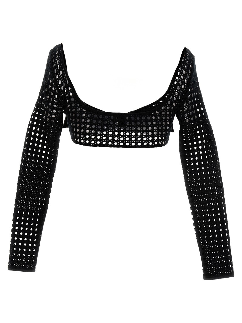 Giambattista Valli Macramé Crop Top W/ Bow In Black