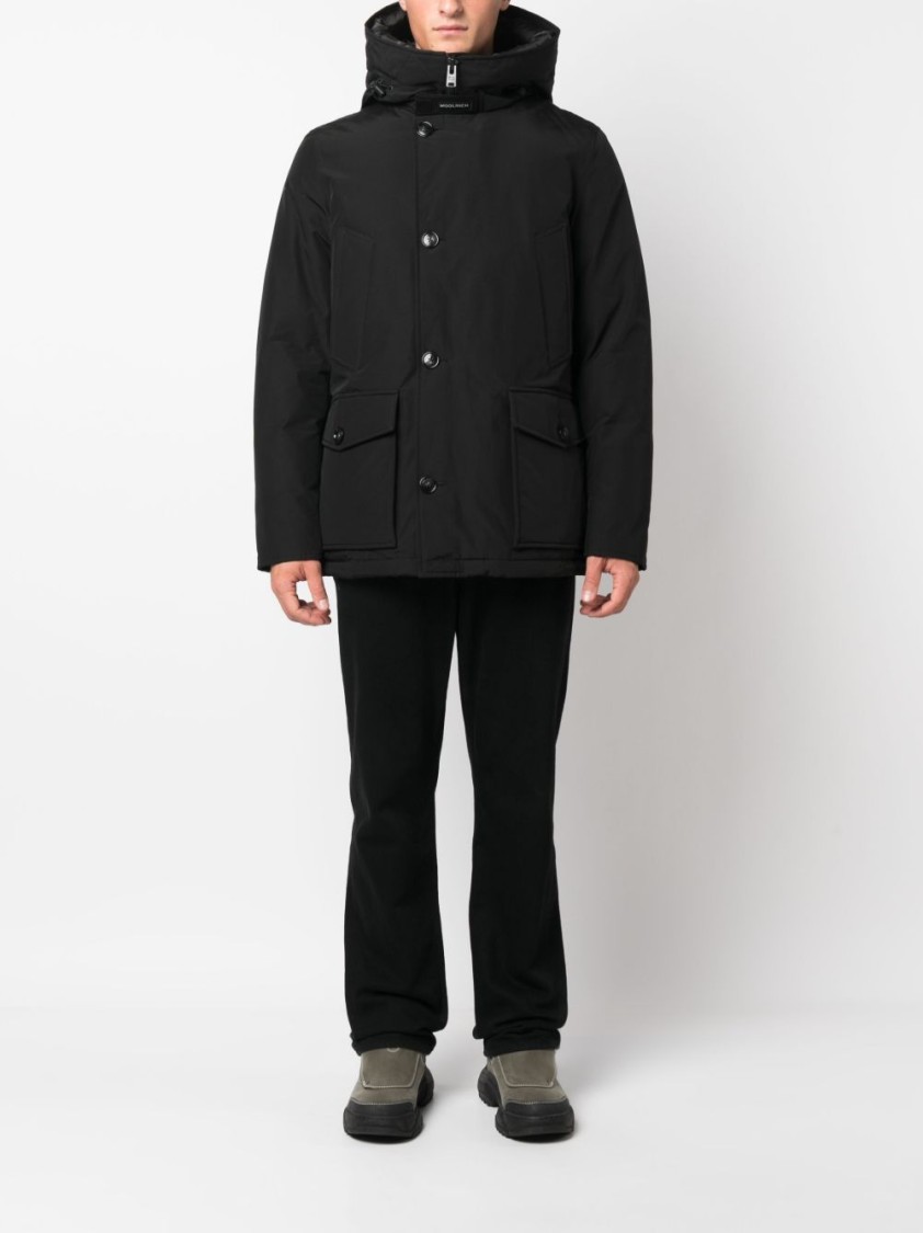 Woolrich Padded Jet Black Parka With Logo Print And Drawstring Hood In Black