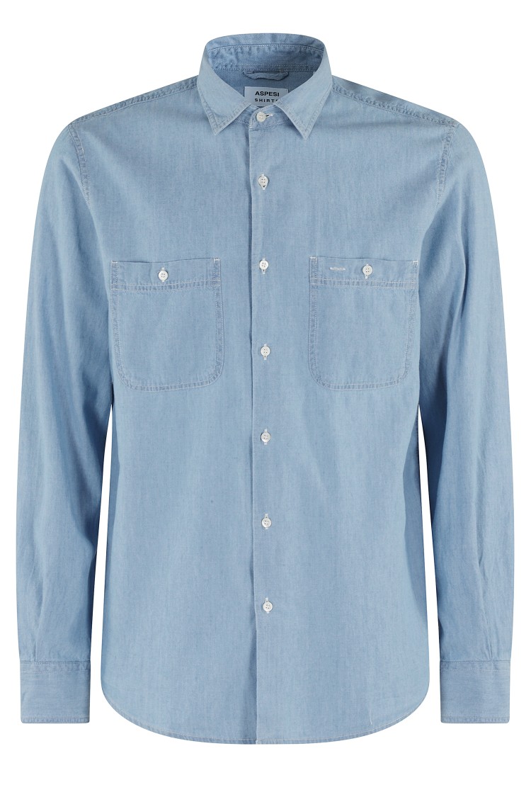 ASPESI ASPESI SLIM-FIT LIGHT BLUE CHAMBRAY SHIRT WITH CLASSIC COLLAR