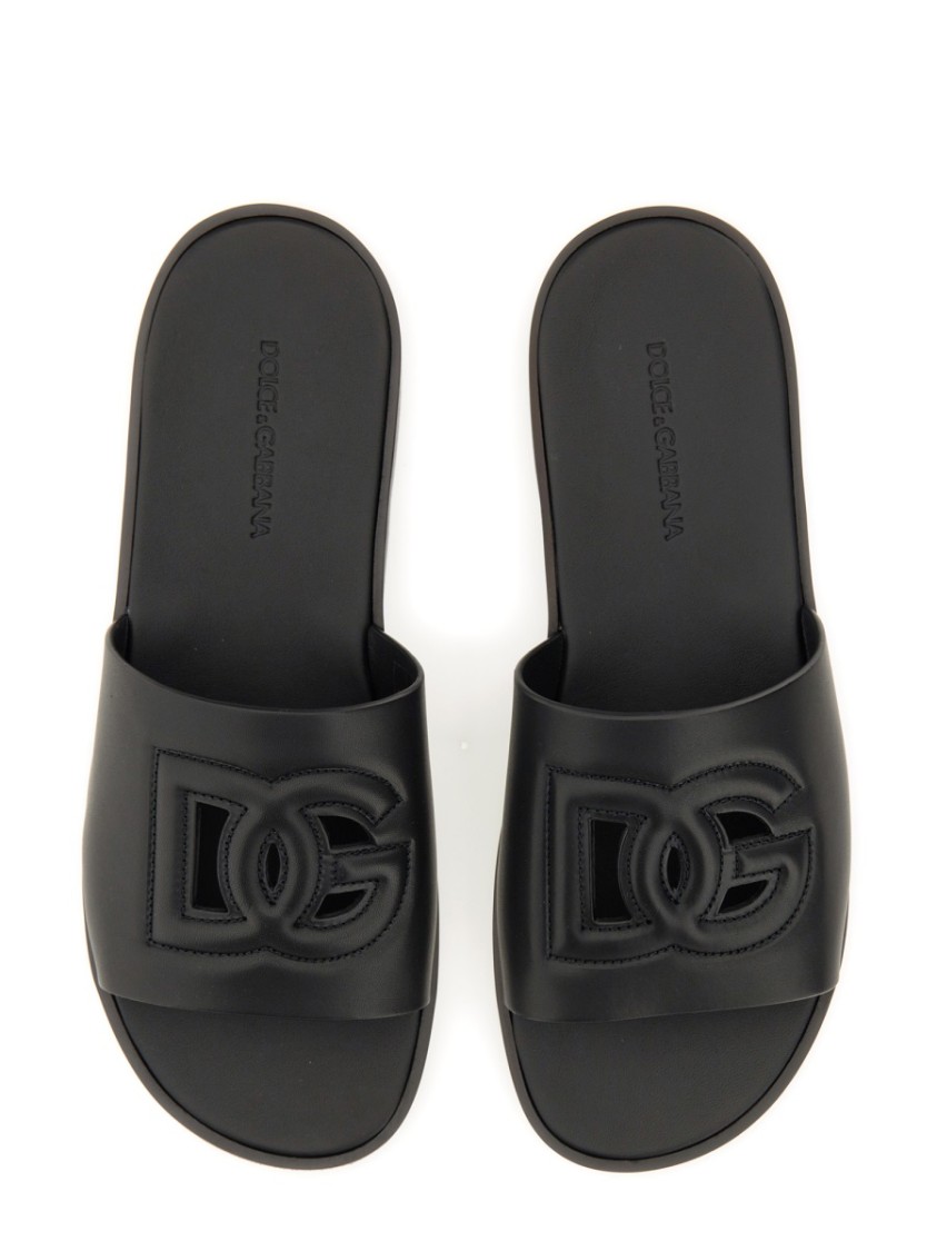 Dolce & Gabbana Black Sandals With Dg Logo Cut-out In Leather Man In Black