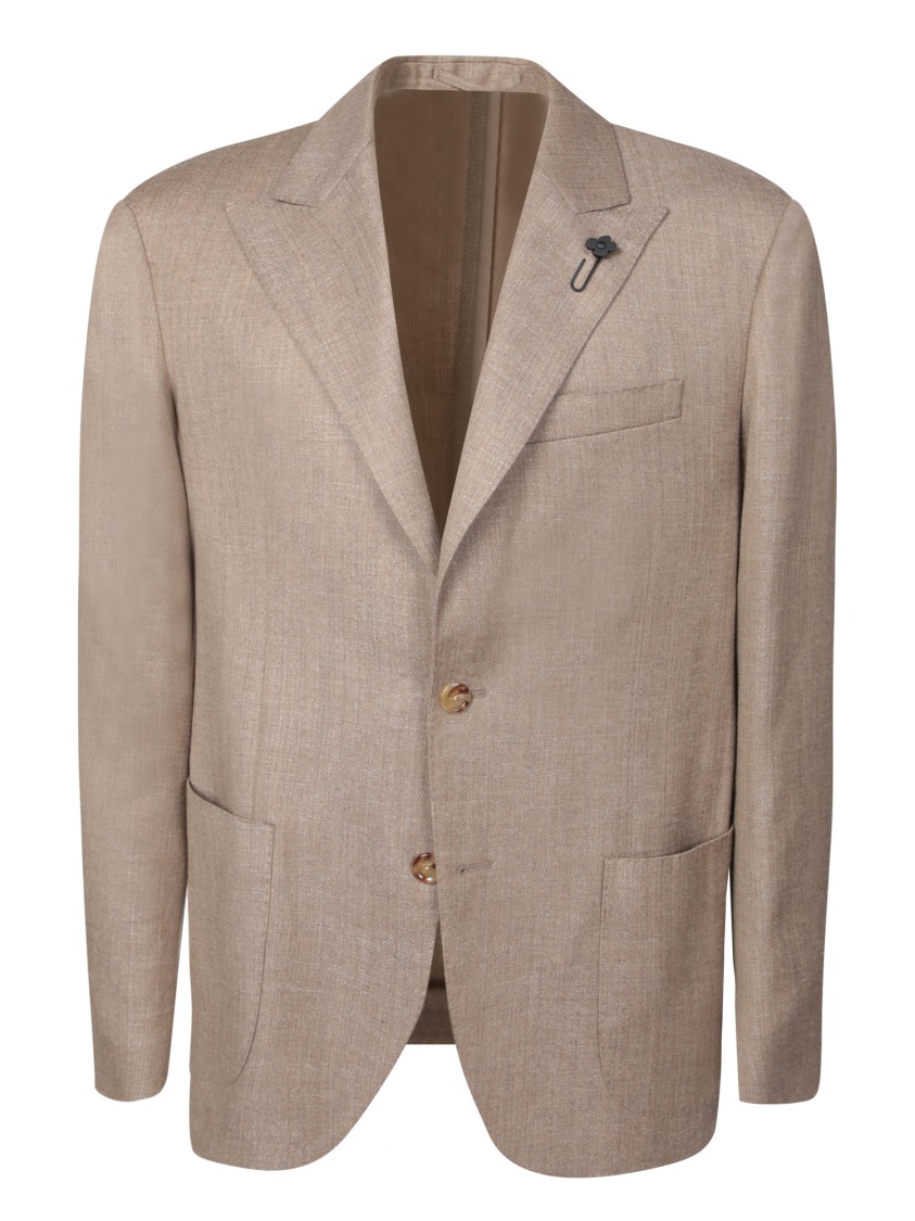 Lardini Beige Wool Twill Blazer With Notched Lapel In Neutrals