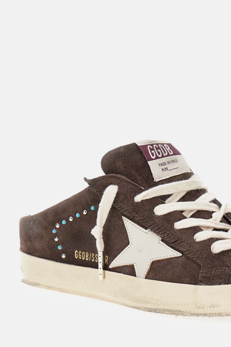 Golden Goose Super-star Sabot Distressed Leather-trimmed Studded Suede Slip-on Sneakers In Brown