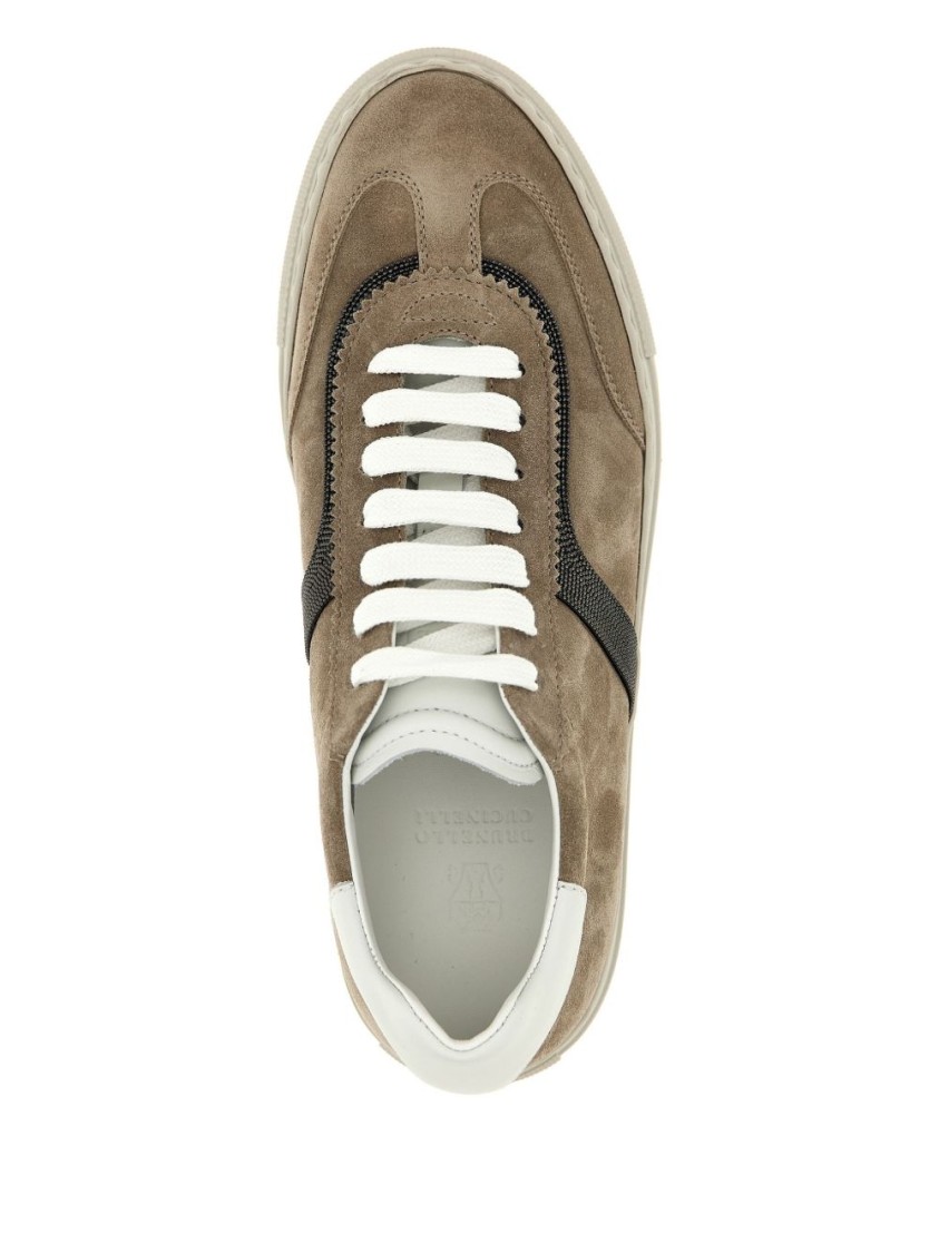 Brunello Cucinelli Round Toe White Sneakers With Monili Detail In Brown