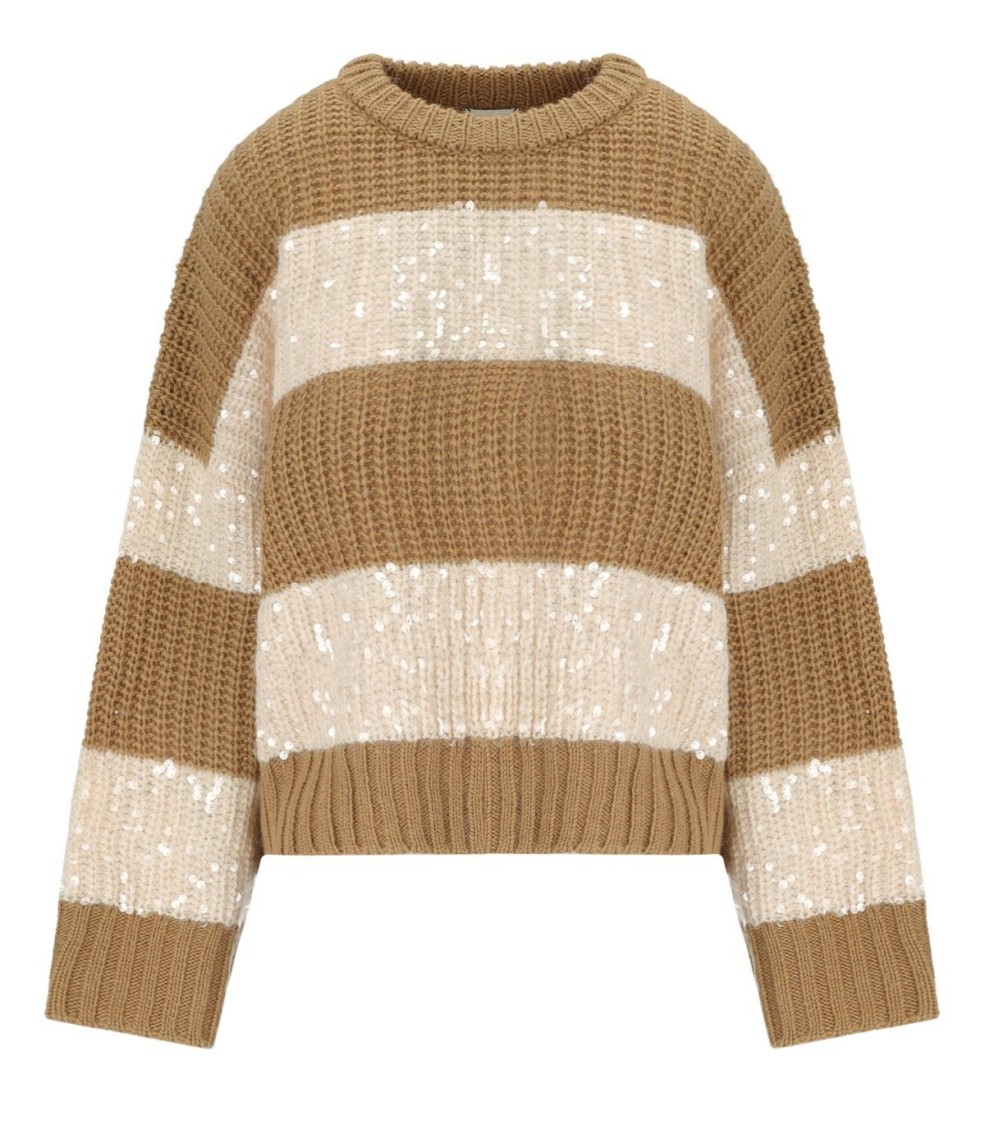 Essentiel Antwerp Group Knit Sequin Sweater In Brown Ecru In Neutrals