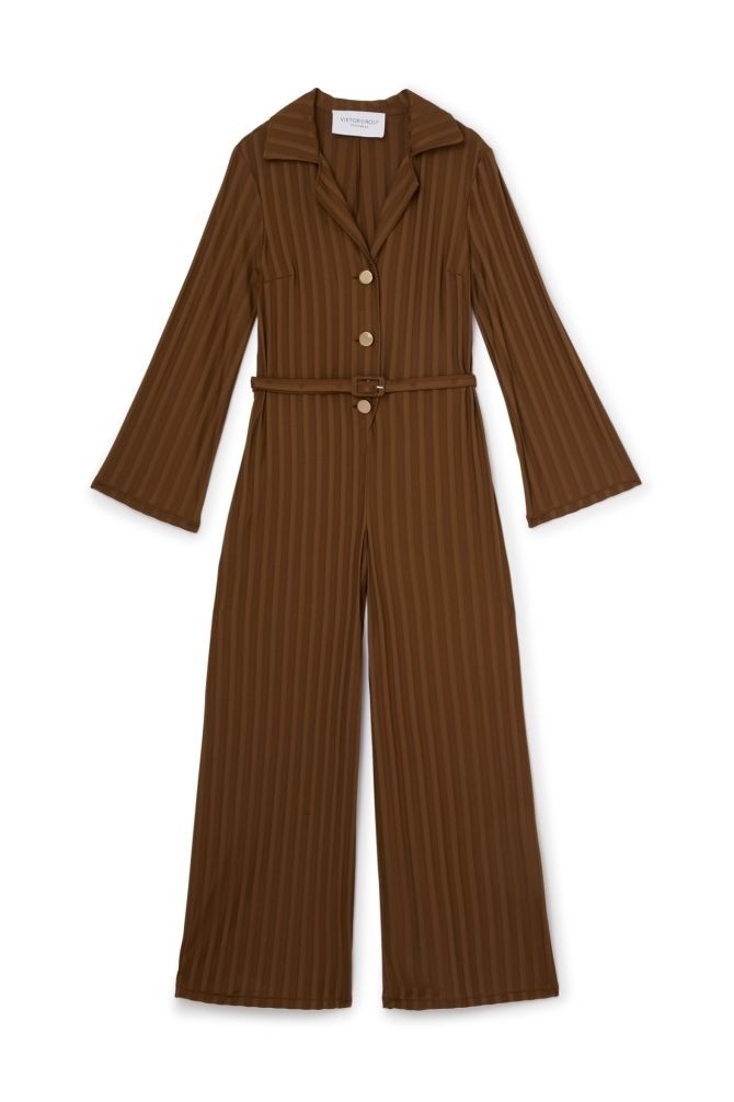 Viktor & Rolf Ribbed Jumpsuit With Notched Collar And Belted Waist In Brown
