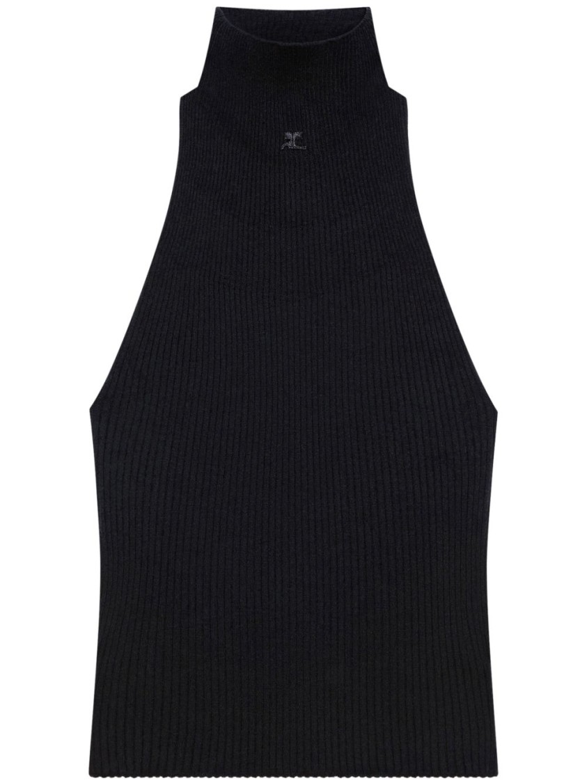 Courrèges High Neck Ribbed Sleeveless Top In Black