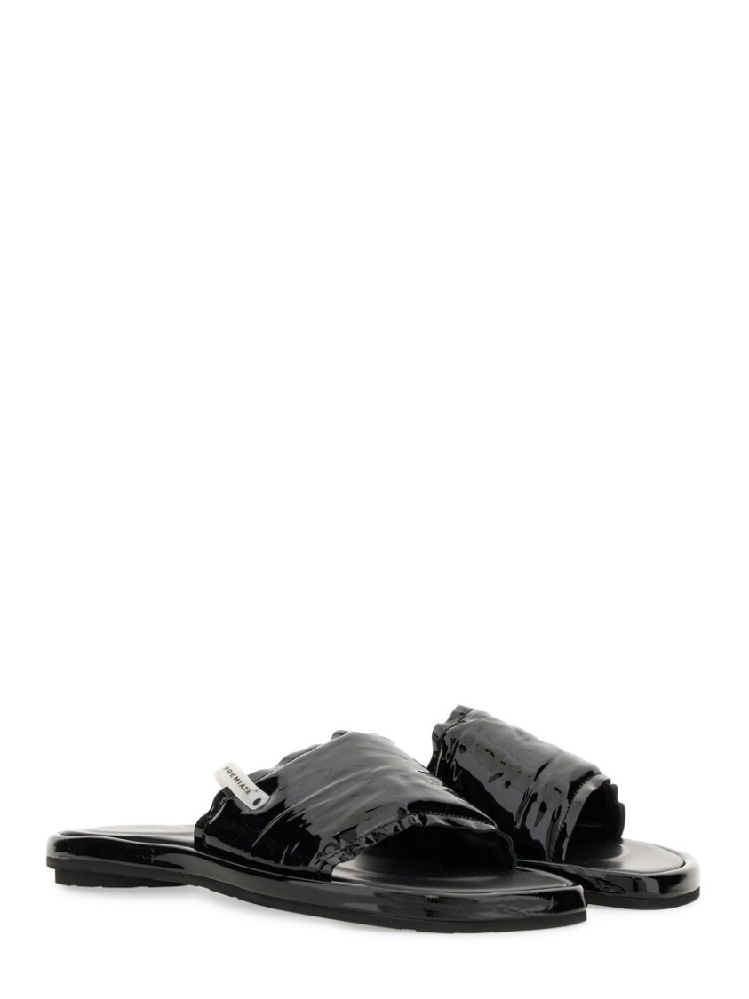 Shop Premiata Black Lamb Leather Slide Sandal With Glossy Finish