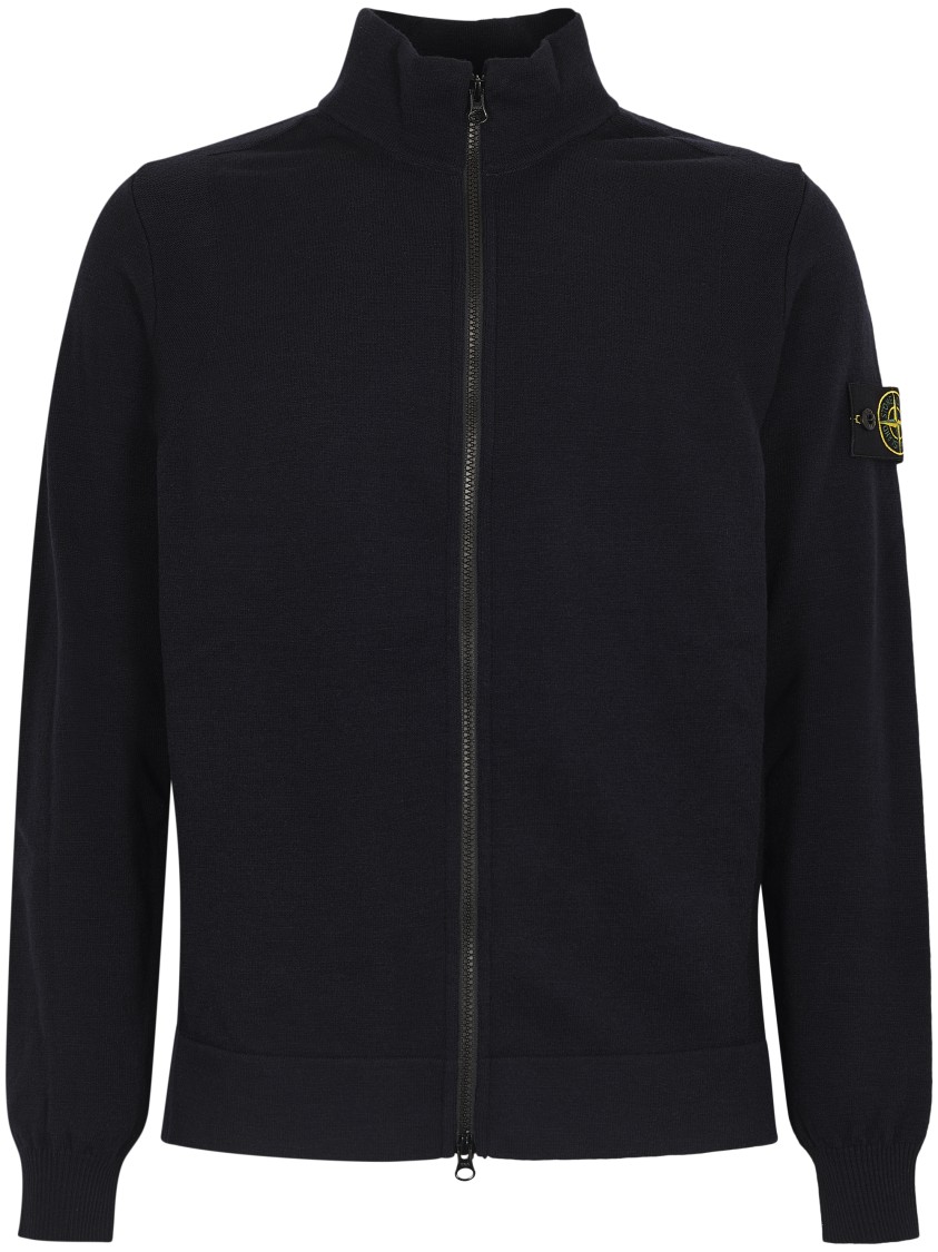 Stone Island Full Zip High Collar Knit Sweater In Black