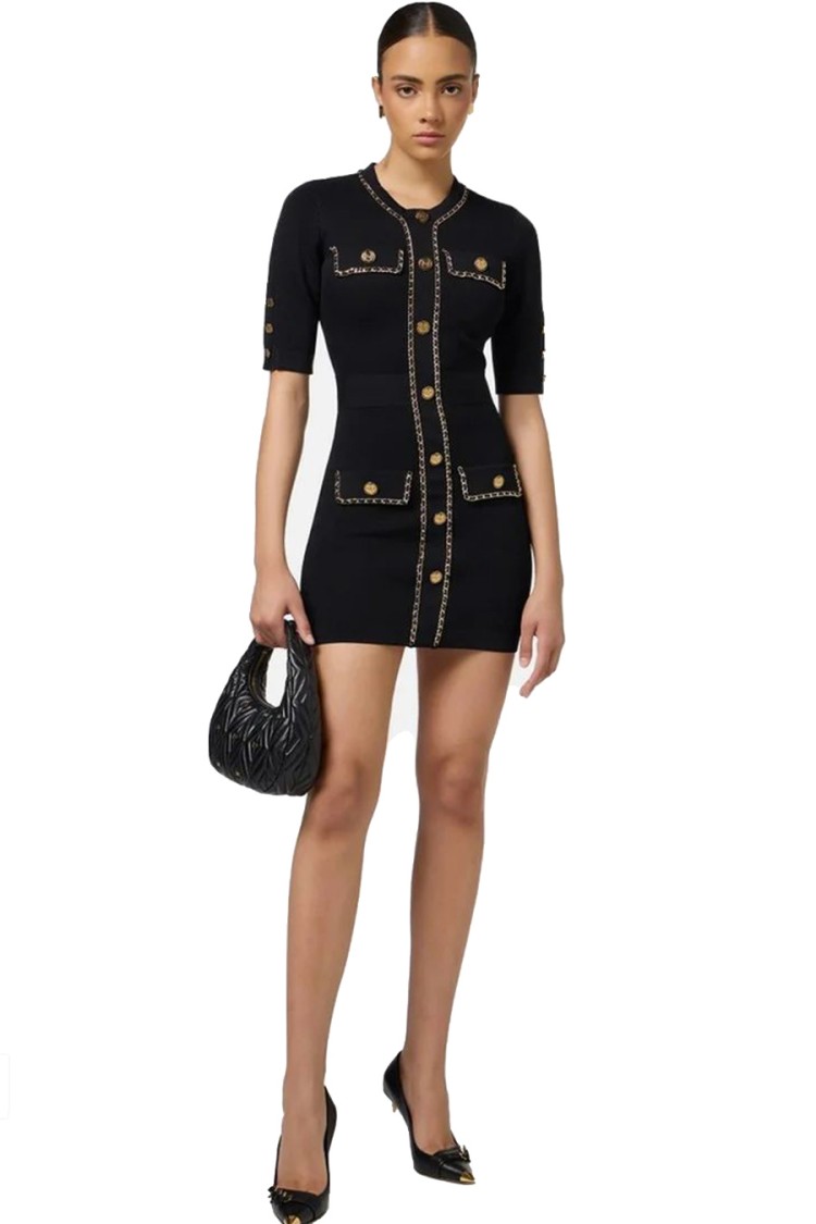 ELISABETTA FRANCHI ELISABETTA FRANCHI FITTED BLACK MINI DRESS WITH BUTTON-DOWN FRONT AND GOLD-CHAIN DETAILING