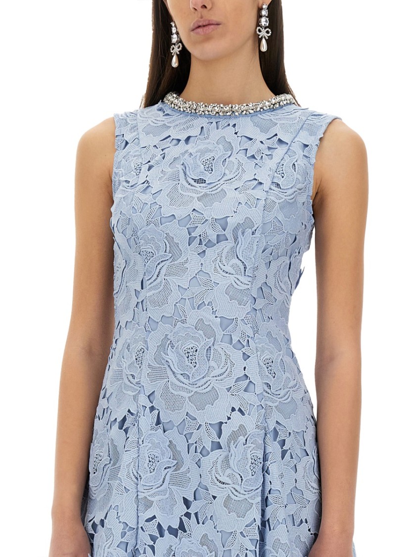 Self-portrait Bue Crewneck Mini Dress With Rhinestoned Collar And All-over Floral Lace Embroidery In Tech Fabric W In Blue