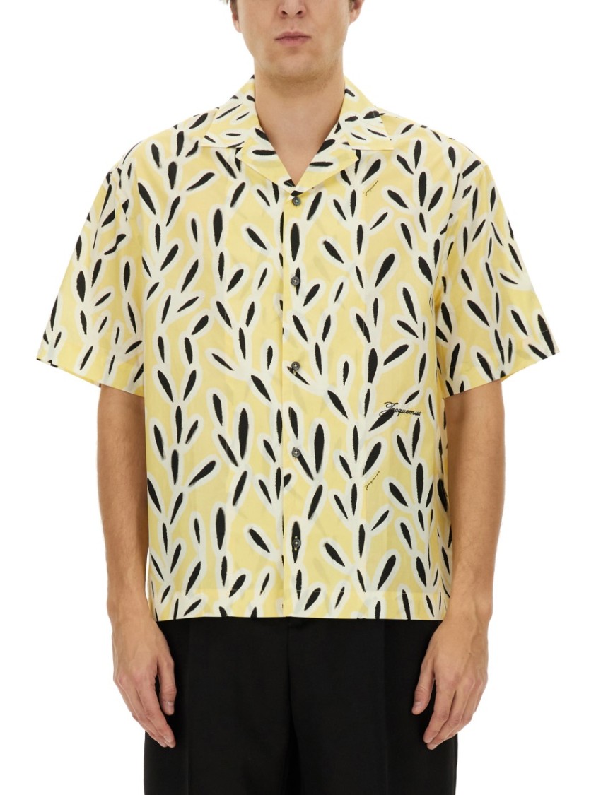 Jacquemus Yellow Cotton Jean Shirt With Playful Leaf Pattern In Yellow