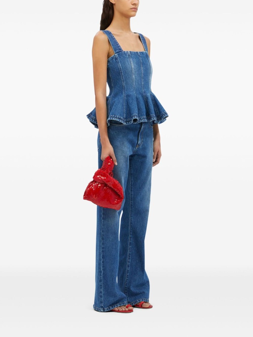Msgm Denim Peplum Ruffle Sleeveless Square Wide Top